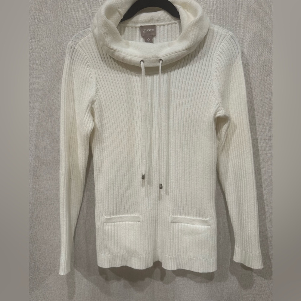 Chico's‎ Cream Cowl Neck Sweater Size 0 Pockets, Silver Embellishment